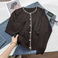 飞飞家 港风气质~带设计感领边 纯色正肩软糯亲肤针织衫T072咖灰