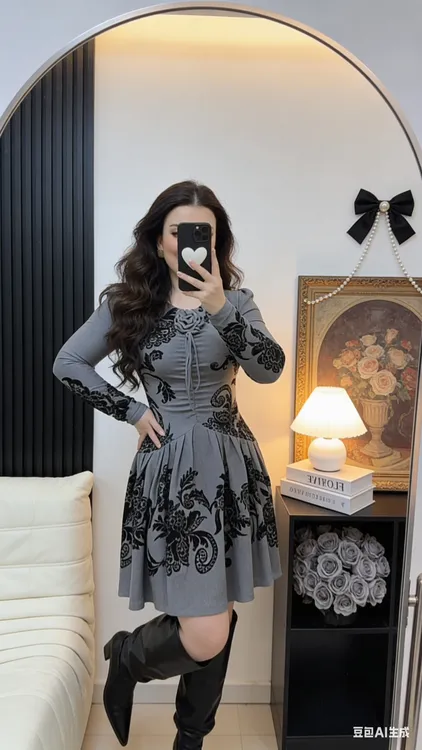 秋冬新款法式复古V领收腰显瘦气质长袖连衣裙民族风时尚