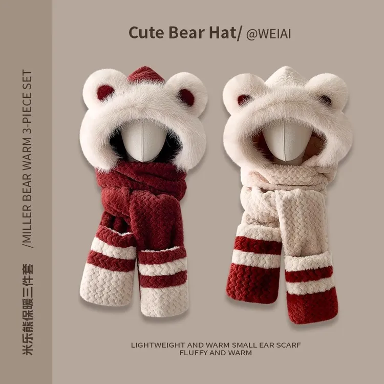 2025新款防寒保暖小熊毛绒帽子围巾手套一体女冬季加厚护耳骑行帽