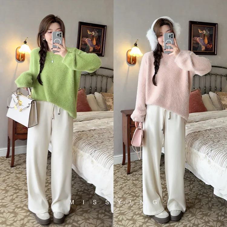 应小姐【芦苇花】微胖大码秋款休闲显瘦纯色时尚长袖花纹毛针织衫