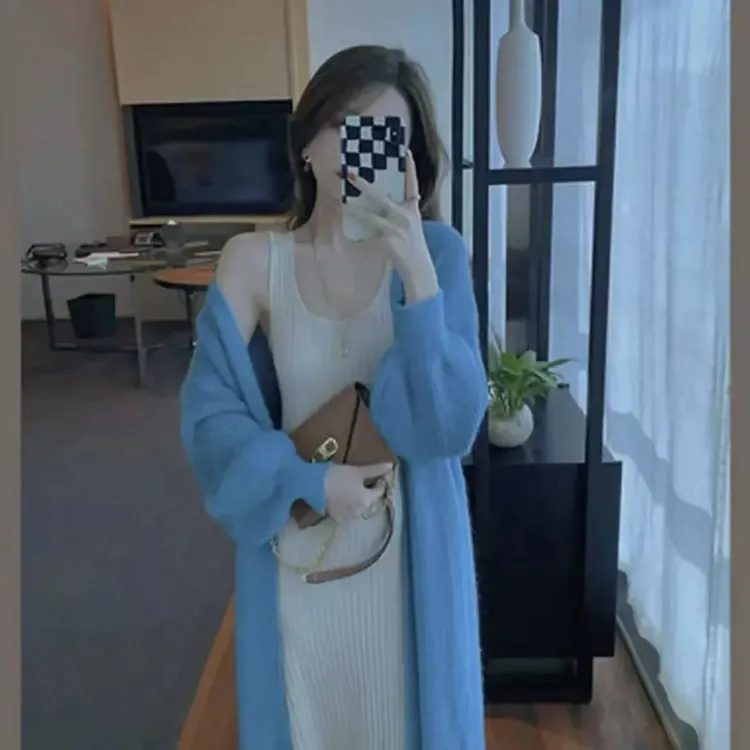 慵懒风春秋韩版时尚宽松蓝色开衫毛衣针织吊带内搭连衣裙套装
