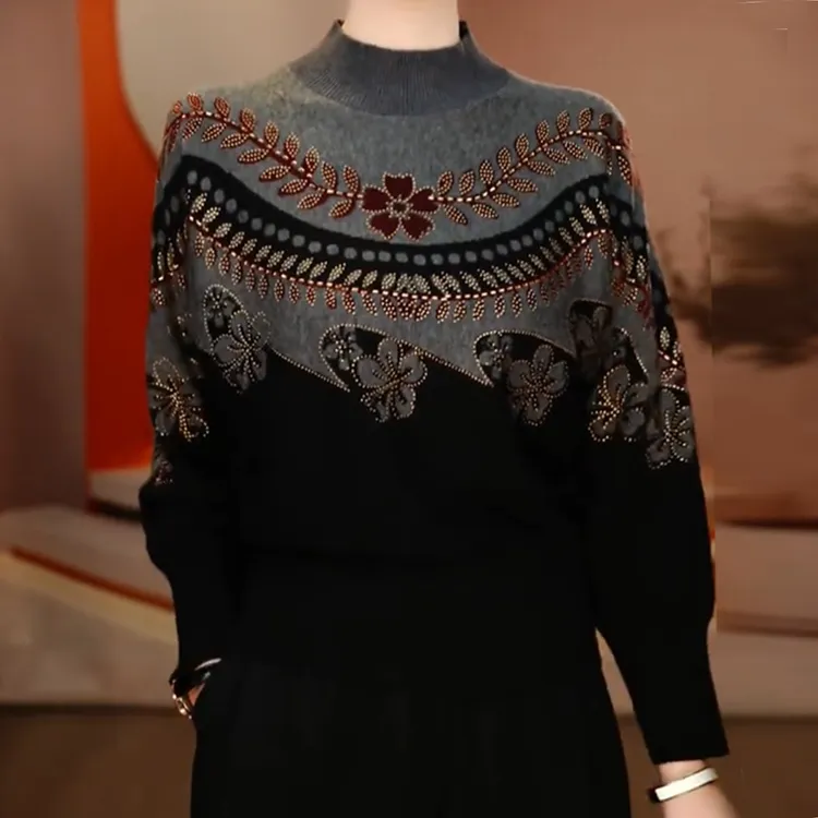 时尚洋气提花针织衫女2025冬季新款烫钻宽松显瘦设计感毛衣打底衫