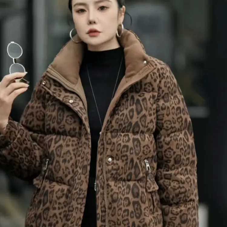 【名角服饰】【8532豹纹石墨烯云绒棉衣】时尚潮流秋冬立领加厚保暖