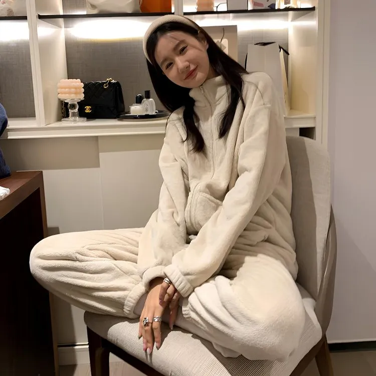 日系风少女款女士简约可外穿长袖睡衣冬季加厚法兰绒珊瑚绒家居服