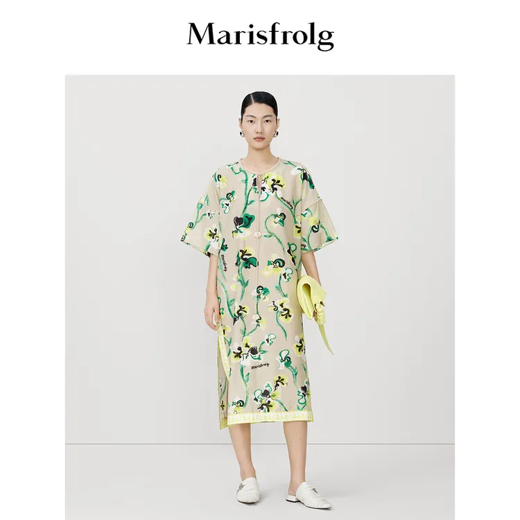 玛丝菲尔夏季新款气质艺术手绘花卉轻薄中长款连衣裙A1CX25926