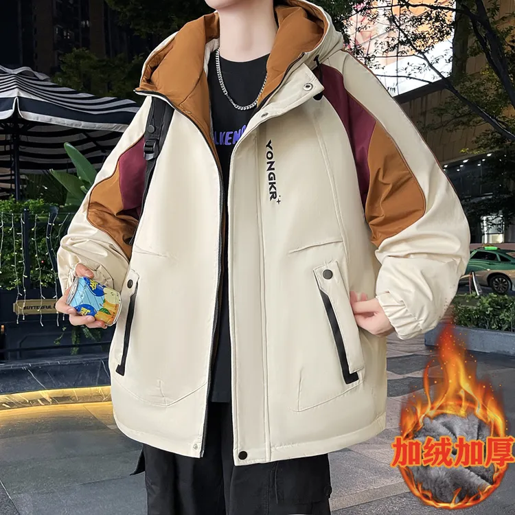 冬季加绒加厚青少年男外套潮流帅气百搭保暖棉衣休闲港风连帽夹克