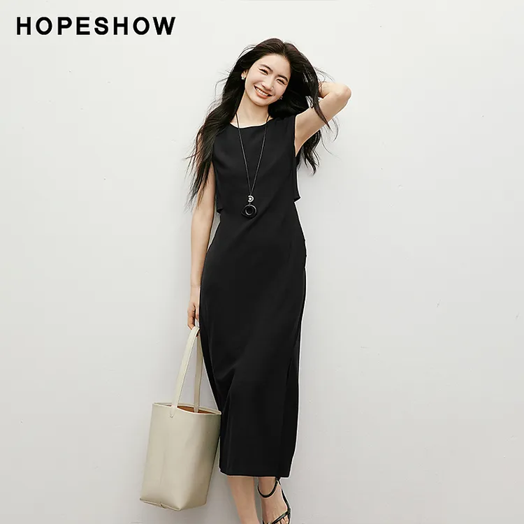 红袖2025夏季女装 对称露腰后拉侧开叉圆领套头连衣裙90225121601