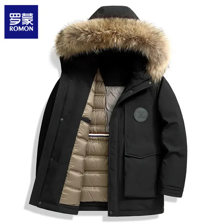 罗蒙派克服男士大毛领可拆卸连帽羽绒服冬季极寒加厚保暖外套男装