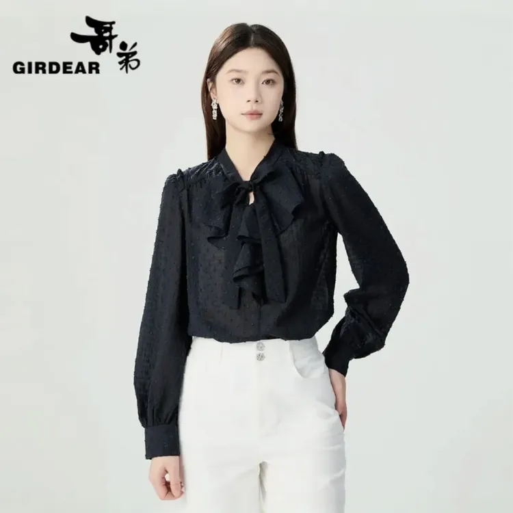 哥弟新款通勤质感百搭浪漫荷叶边轻薄显瘦长袖衬衫女1300982夏季