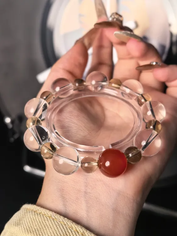 卡14mm纯天然白水晶红玛瑙转珠搭配8mm黄水晶女款轻奢水晶手链