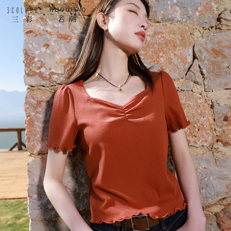 【商城专享】三彩大码女装夏季方领纯欲风小衫套头T恤上衣短袖