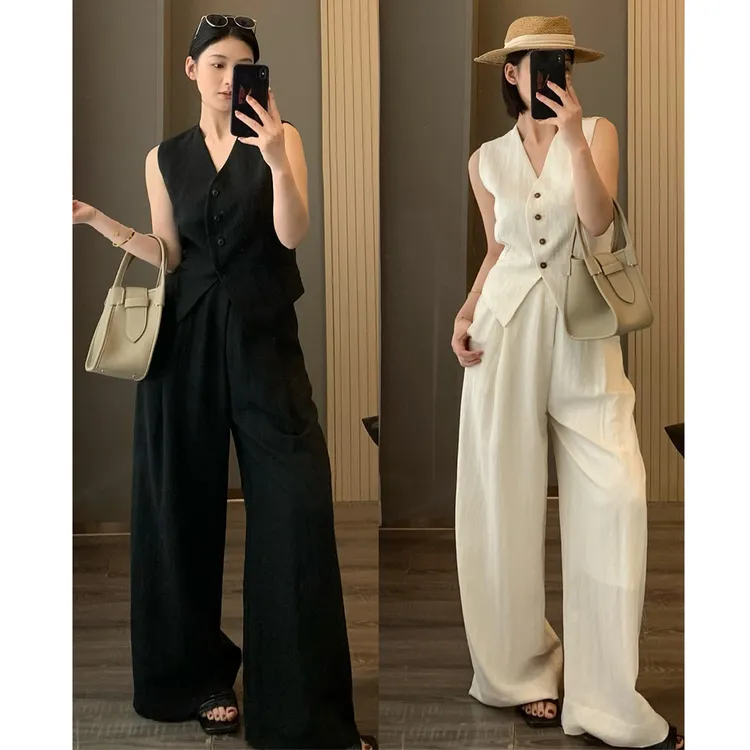 天丝亚麻套装无袖高级感夏老钱风时尚马甲修身显瘦阔腿裤两件套女