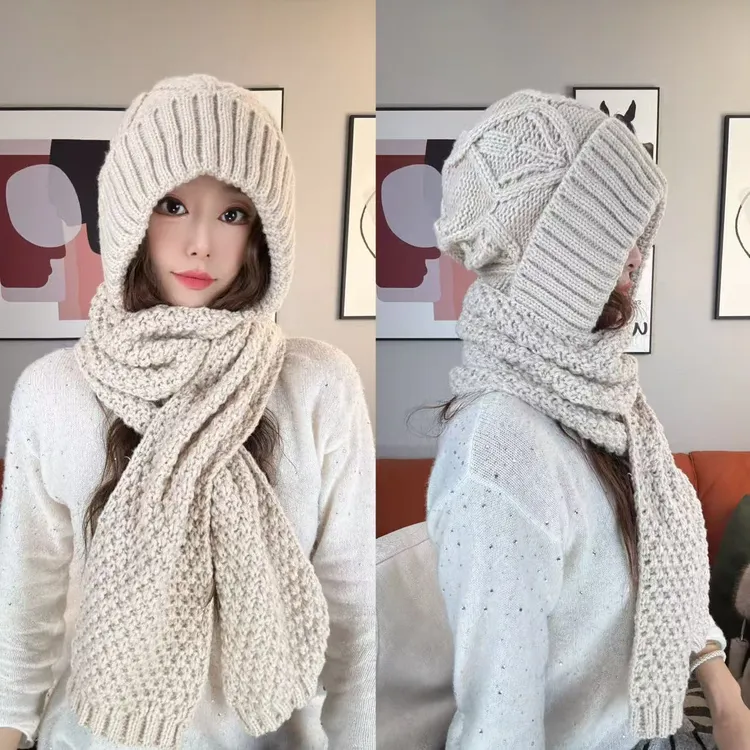 2025手工极简风冬季针织帽子围巾一体网红防寒纯色双层加绒保暖帽