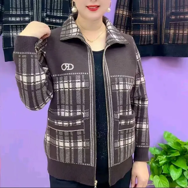 春秋新款洋气中年格子外套针织开衫女装秋冬爆款上衣中老年妈妈装