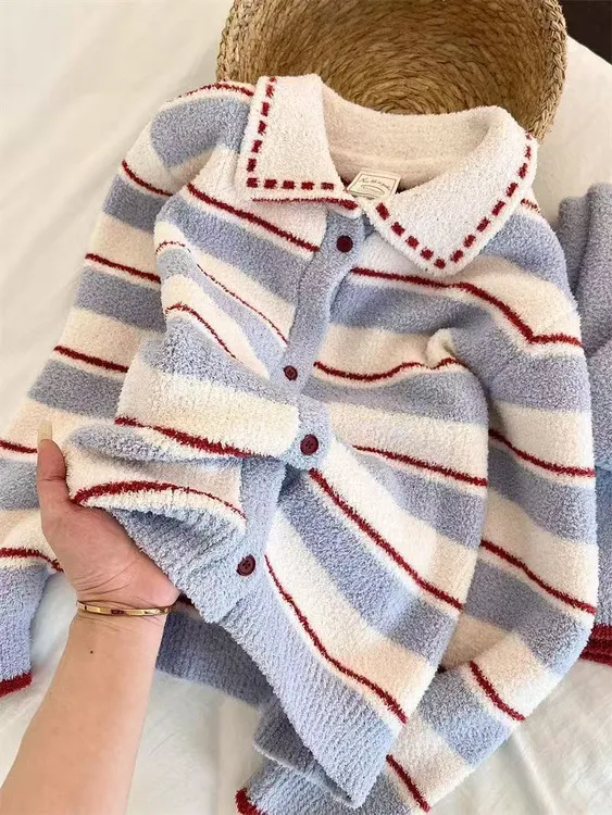 韩版休闲撞色条纹针织半边绒睡衣女秋冬季加厚保暖家居服套装外穿