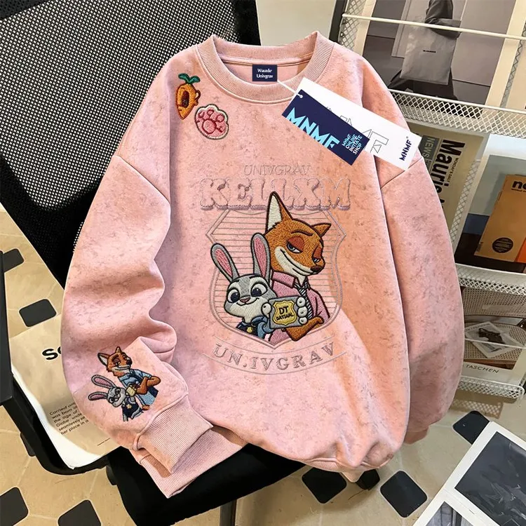 仿刺绣卡通兔子警官春秋季扎染圆领卫衣女童中学生百搭时髦上衣潮