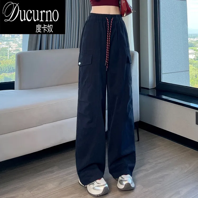 工装阔腿裤女秋冬季2025新款高腰抽绳束脚百搭休闲裤子时尚运动裤