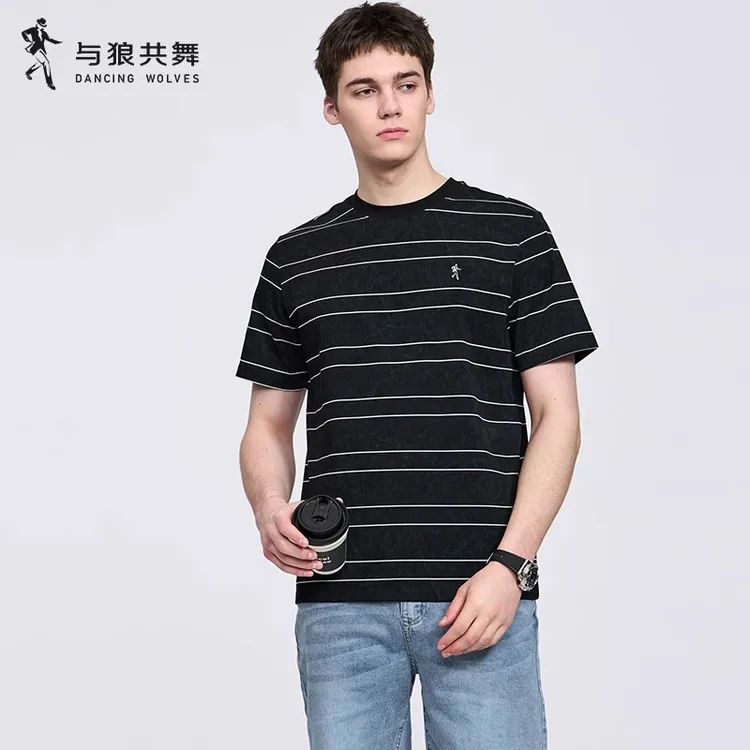 【条纹扎染】与狼共舞抗菌短袖T恤男士2025夏季新款刺绣百搭休闲短T