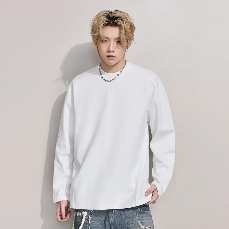 重磅白色长袖T恤男痞帅秋季圆领内搭宽松打底衫落肩袖百搭上衣