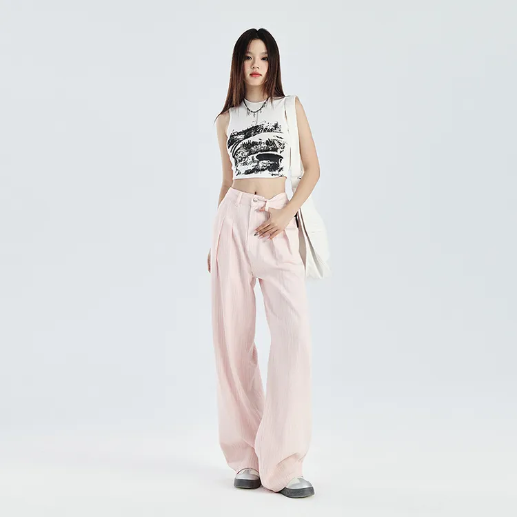 竖条纹高腰阔腿牛仔裤女2025春秋新款质感皮牌时尚显瘦垂感拖地裤