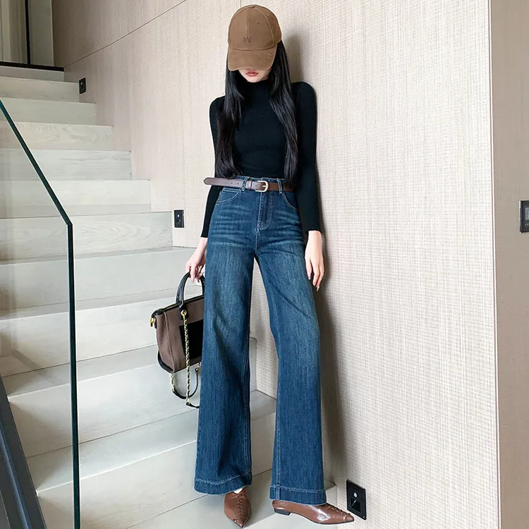 南雅人高腰宽松微喇牛仔裤女2025秋季复古窄版显瘦阔腿女士裤子