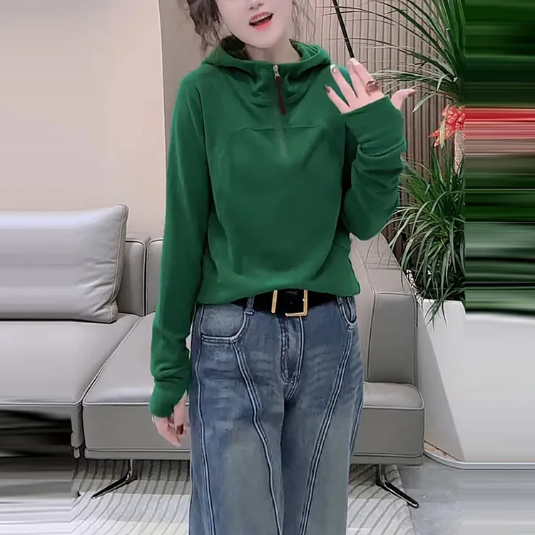 早春新款休闲女装洋气设计感半拉链连帽长袖卫衣纯色百搭显瘦上衣