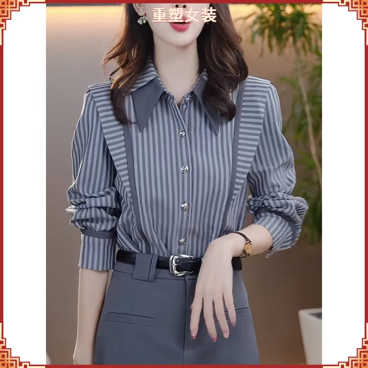 ll长袖条纹衬衫女士2025春秋季时尚减龄气质休闲显瘦设计感上衣l