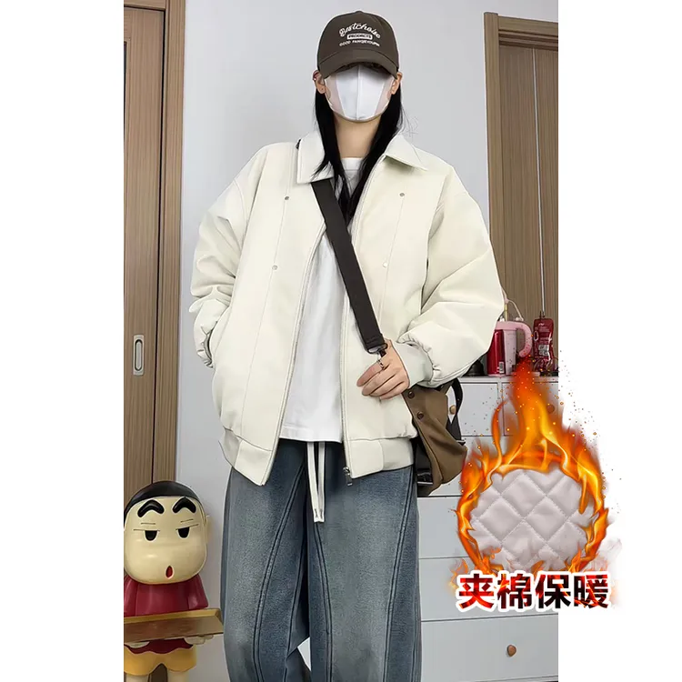 秋冬新款加棉翻领皮棉服男女机车防风保暖棉袄潮流宽松皮夹克外套