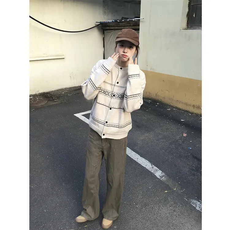 美式复古费尔岛开衫毛衣男秋季cleanfit提花针织衫学院风情侣外套