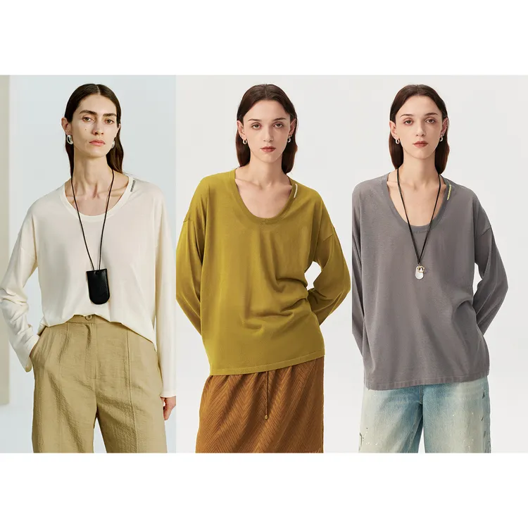 MARIUS“云雾衫”纯色静奢风长袖圆领薄款T恤简约