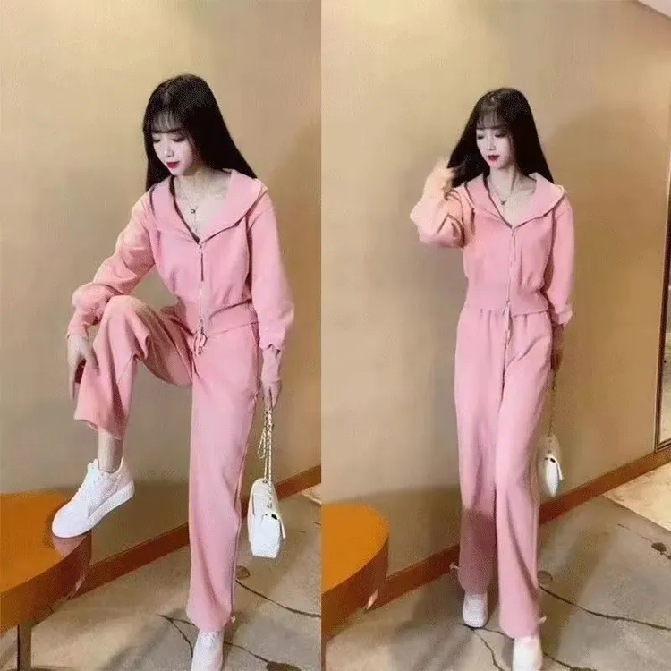 夏季新款韩版时尚女休闲运动服三件套聚酯纤维宽松长袖外套阔腿裤