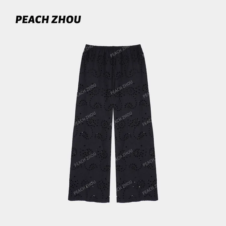 『PEACHZHOU』雕孔绣花镂空宽松直筒休闲裤法式休闲度假风九分裤女