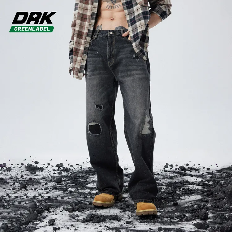 DRK绿标子弹孔泼墨做旧水洗牛仔裤美式休闲黑色复古高街破洞直筒