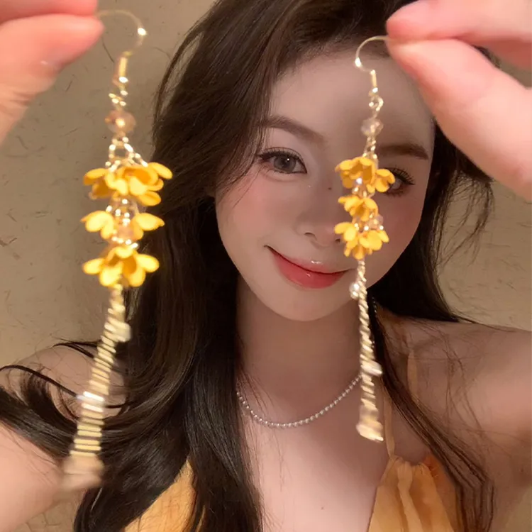 甄树 气质黄色花朵流苏耳环女长款显脸瘦耳坠耳挂爆款耳饰女5326