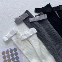 法式小腿袜灰色竖条纹显瘦百搭蝴蝶结走秀款中筒堆堆袜中筒袜日系