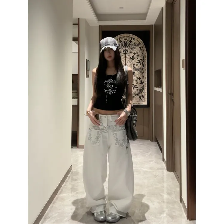 复古刺绣白色弯刀牛仔裤女夏季新款街头亚比朋克宽松阔腿设计长裤