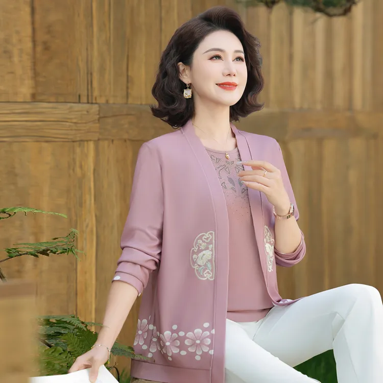 妈妈秋装洋气质两件套阔太太针织开衫上衣中老年女春秋外套薄