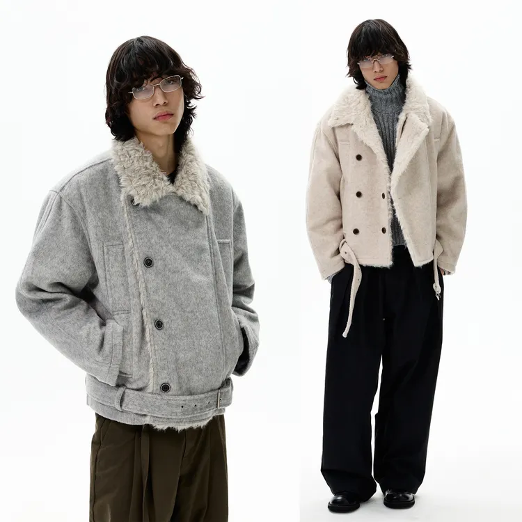 尾郎的店冬季美式羊毛混纺座山雕外套男毛呢双排扣夹棉保暖棉服潮