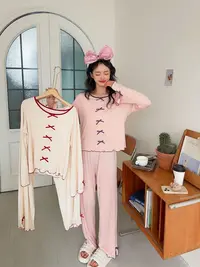 6137（无胸垫）蝴蝶结长袖长裤秋季甜美简约女士睡衣家居服套装