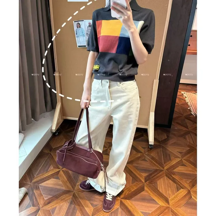 PCNY「彩块逸趣」不理理秋季新款小众女装彩格拼色POLO领短袖女t恤