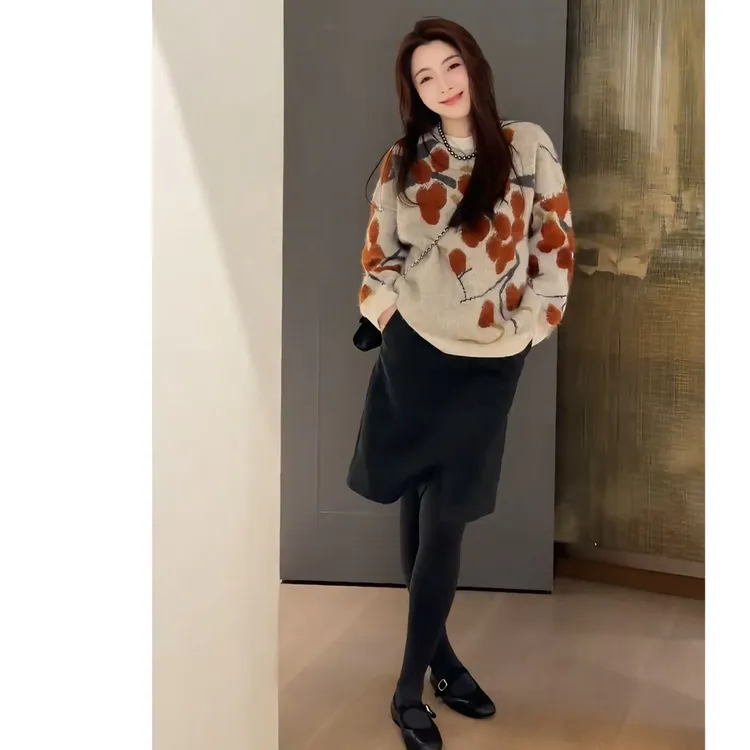 2025年冬季休闲老钱风时尚套装修身百搭针织毛衣高腰半身裙两件套