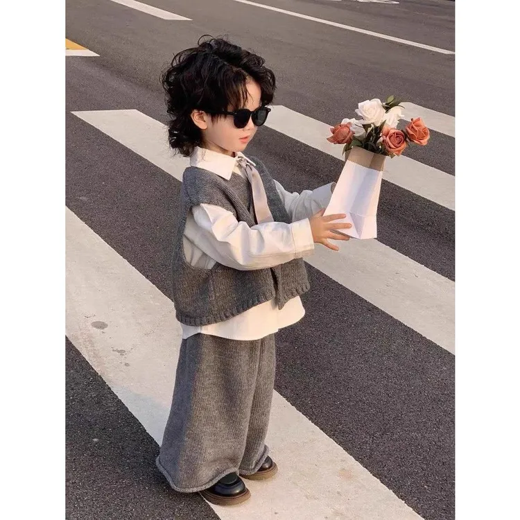 男童小少爷秋装套装新款儿童宝宝韩版衬衫马甲百搭裤子三件套