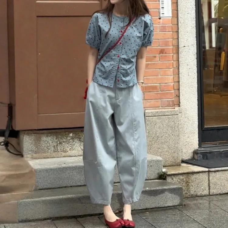 减龄波点衬衫裤子两件套2025夏季新款大方气质文艺好看蓝色套装潮