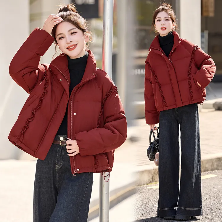 木耳花边拼接立领羽绒服女2025年冬季新款休闲时尚白鸭绒短款外套