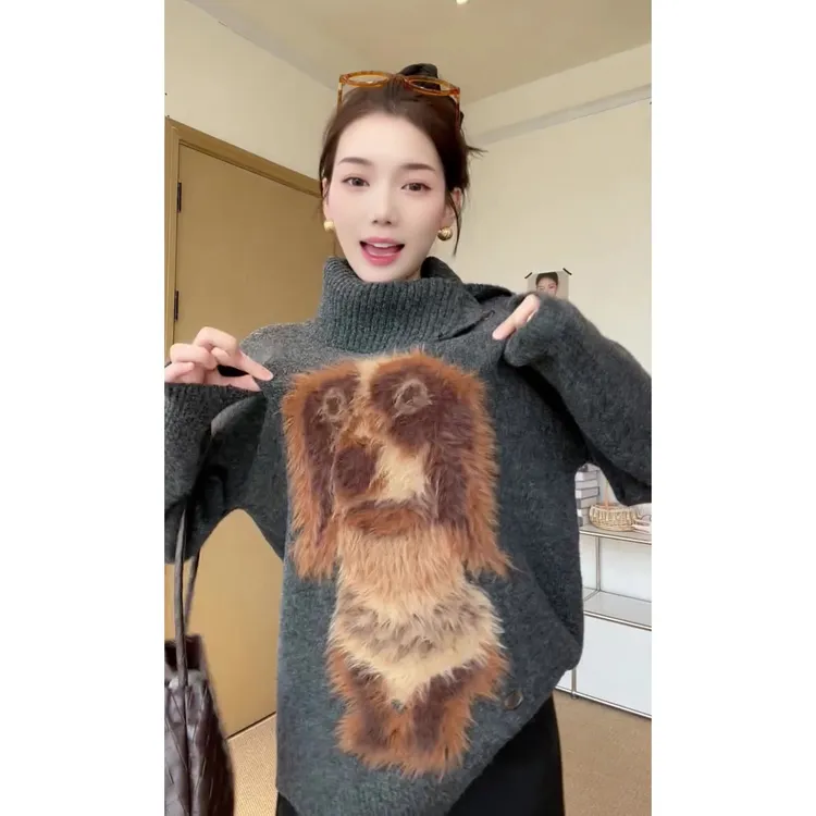 复古慵懒小狗高领毛衣秋冬高级感印染斜口大领长袖套头毛衣