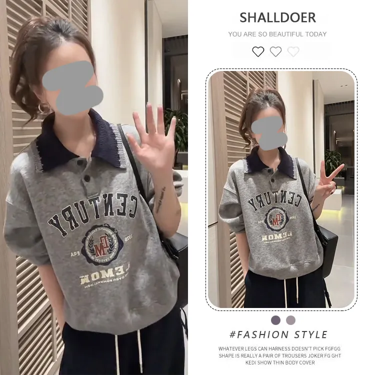 欧洲站复古翻领印花长袖卫衣女2025春秋新款宽松显瘦小众内搭上衣