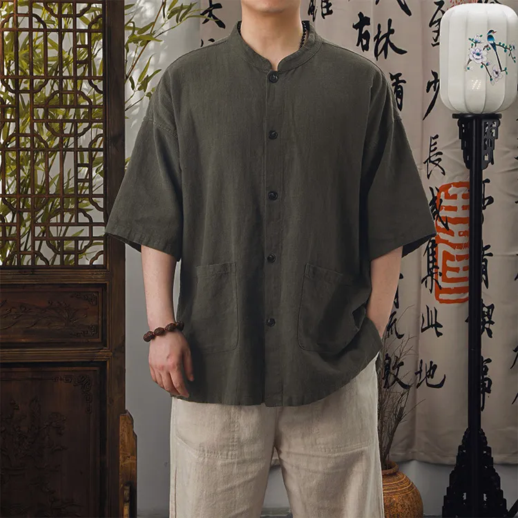 男士夏季棉麻短袖衬衣休闲简约宽松百搭立领五分袖男装上衣