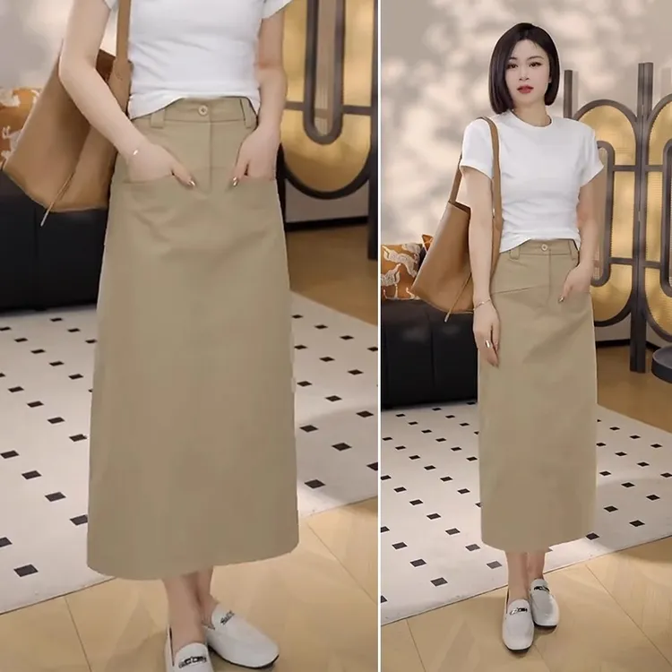 开叉半身裙女夏季薄2025新款高腰中长款休闲a字包臀一步直筒长裙