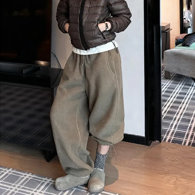 松弛感时尚百搭加绒休闲裤长裤女秋冬羊羔绒宽松显瘦抽绳束脚裤