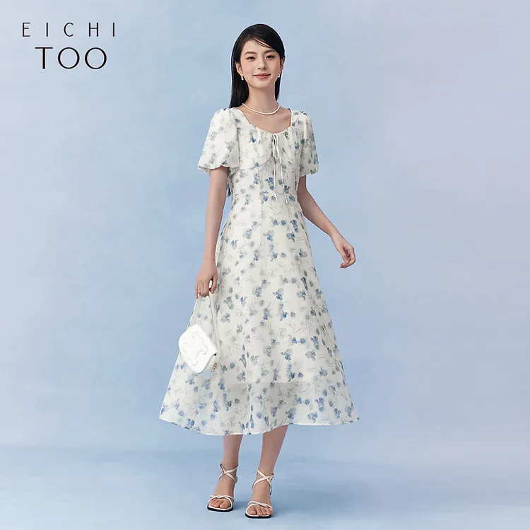 爱居兔夏花卉满印优雅时尚短袖连衣裙EQLBJ2P061A